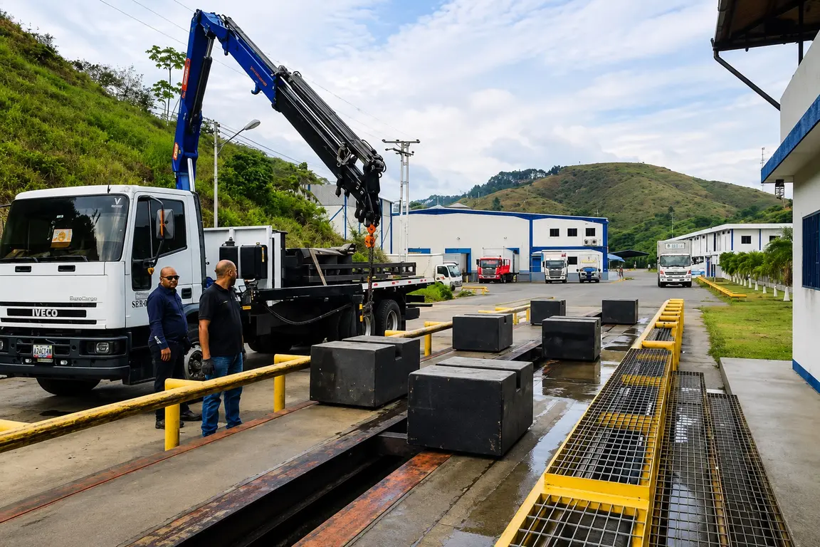 Camión de servicio técnico con brazo Pitman, masas de referencia y plataforma de pesaje